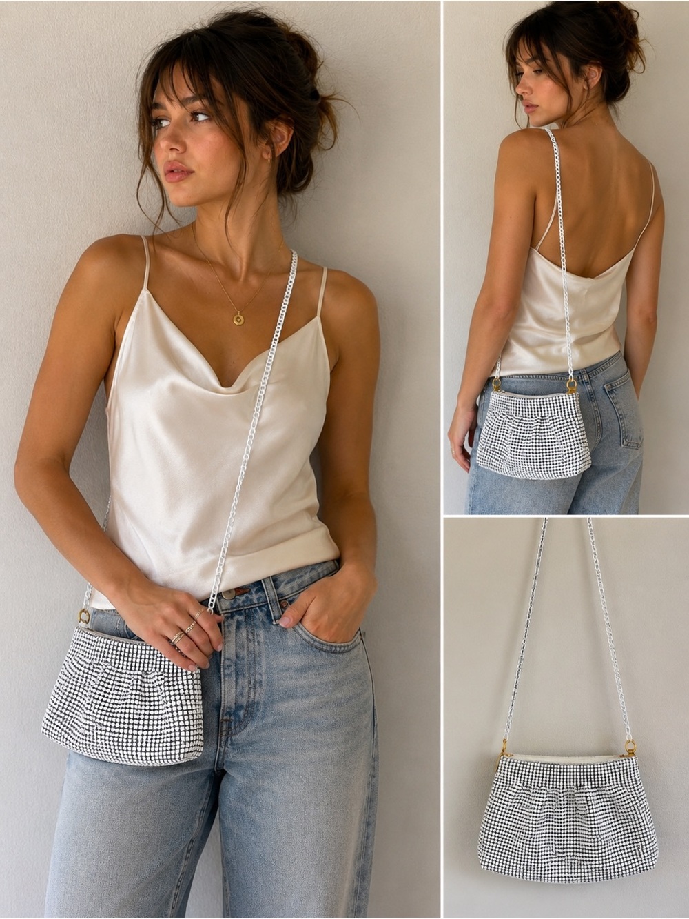 Y2K‎ White Metal Mesh Purse Mini Shoulder Bag Retro Glam 2000’s Evening Party